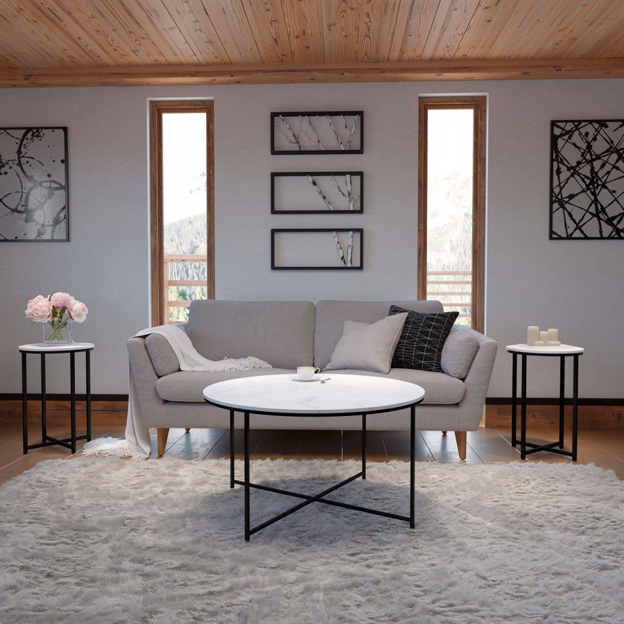 BLNK - Hampstead Collection Coffee and End Table Set with White Marbled Laminate Top 3 Piece