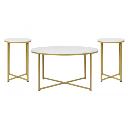 BLNK Hampstead Collection Coffee and End Table Set with White Marbled Laminate Top 3 Piece - Brushed Gold
