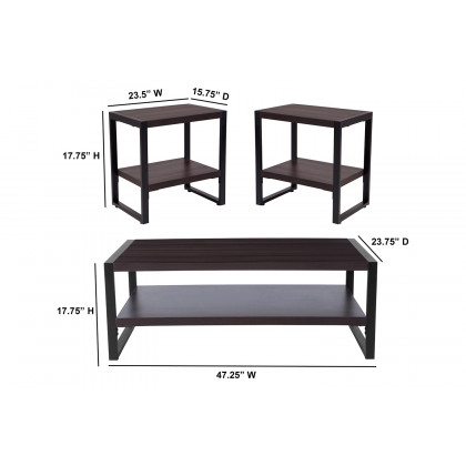 BLNK - Thompson Collection Coffee and End Table Set with Raised Shelves in Charcoal Wood Grain Finish 3 Piece