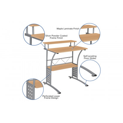 BLNK Clifton Computer Desk with Top and Lower Storage Shelves - Maple