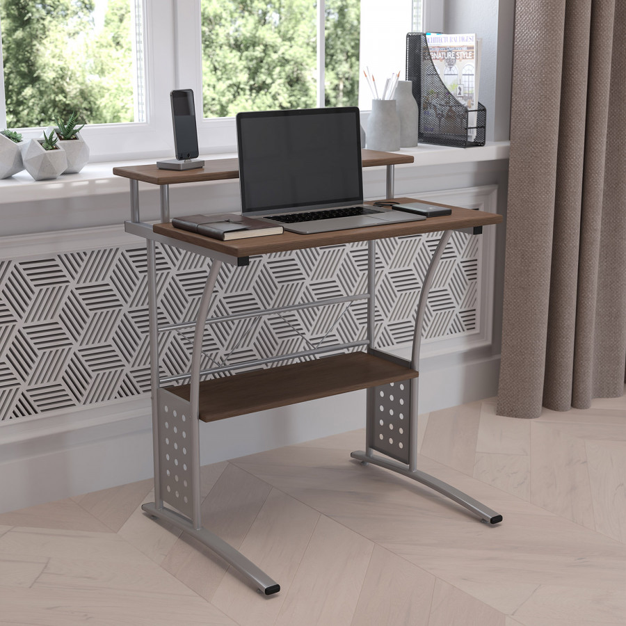 BLNK Clifton Computer Desk with Top and Lower Storage Shelves - Rustic Walnut
