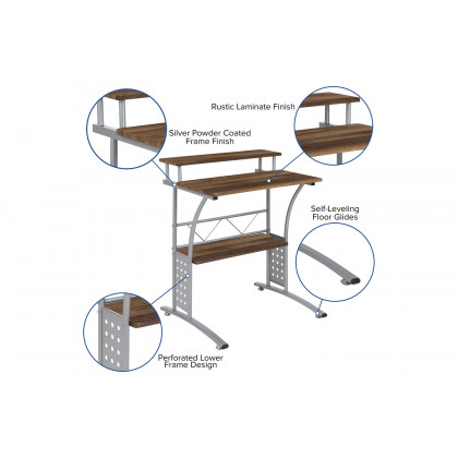 BLNK Clifton Computer Desk with Top and Lower Storage Shelves - Rustic Walnut