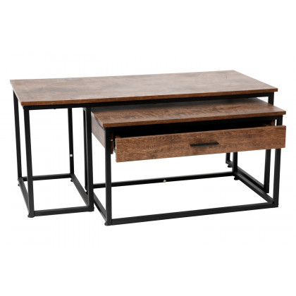 BLNK - Emerson Modern Nesting Coffee Table Set with Storage Drawer in Walnut Finish with Black Sled Base Metal Frames 2 Piece