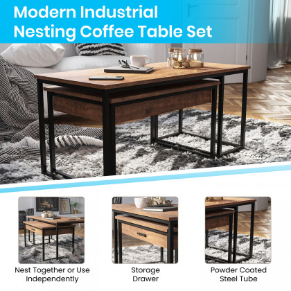 BLNK - Emerson Modern Nesting Coffee Table Set with Storage Drawer in Walnut Finish with Black Sled Base Metal Frames 2 Piece