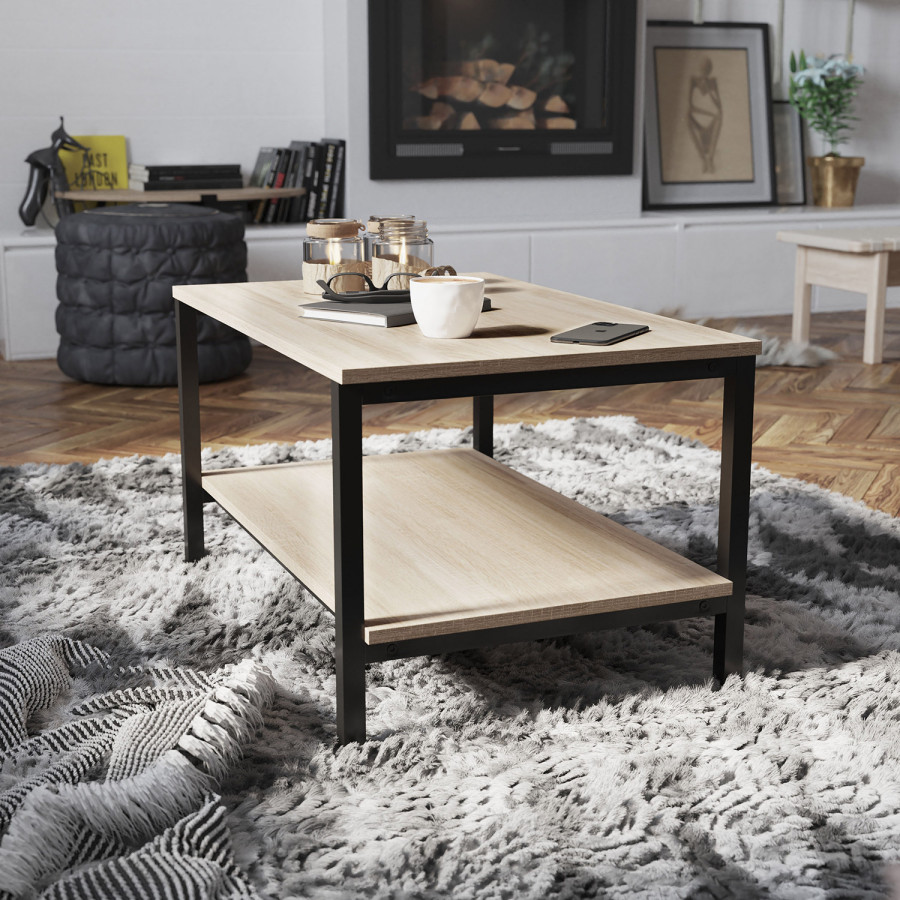 BLNK - Finley Modern Industrial 2 Tier Rectangular Metal and Driftwood Coffee Table