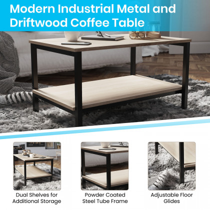 BLNK - Finley Modern Industrial 2 Tier Rectangular Metal and Driftwood Coffee Table