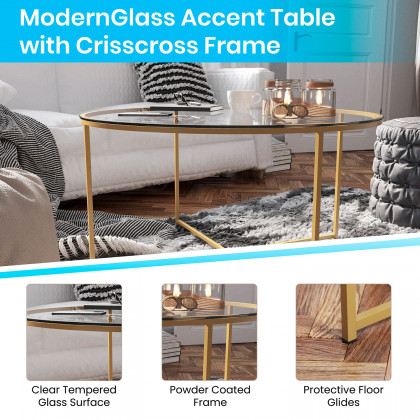BLNK Greenwich Collection Modern Clear Glass Accent Coffee Table - Brushed Gold