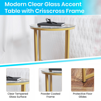 BLNK Greenwich Collection Modern Clear Glass End Table with Crisscross Frame - Brushed Gold
