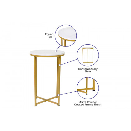 BLNK Hampstead Collection Modern End Table with White Marbled Laminate Top - Brushed Gold