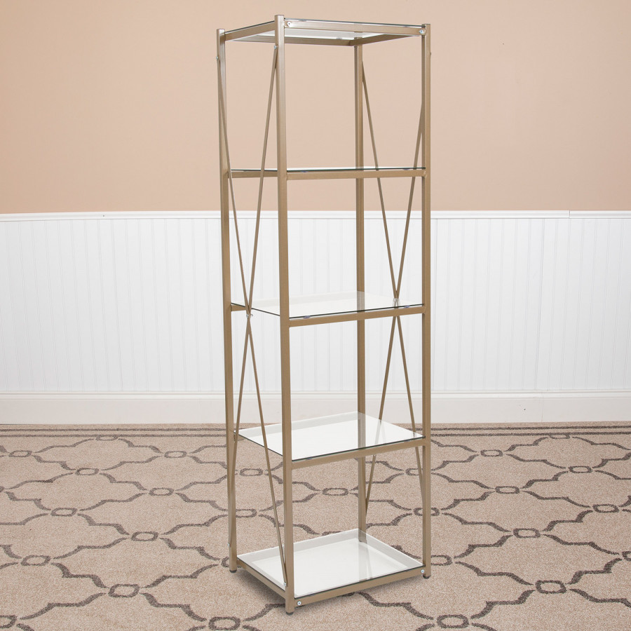 BLNK - Mar Vista Collection 4 Shelf Cross Brace Glass Bookcase in Matte Gold