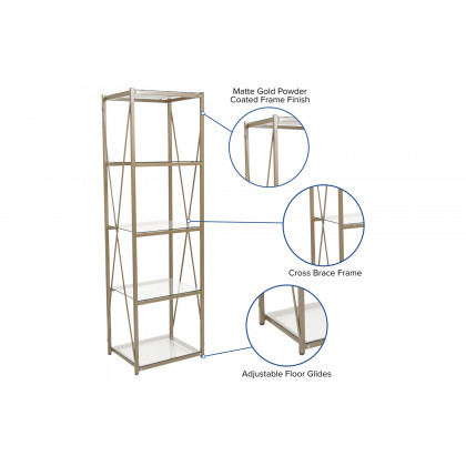 BLNK - Mar Vista Collection 4 Shelf Cross Brace Glass Bookcase in Matte Gold
