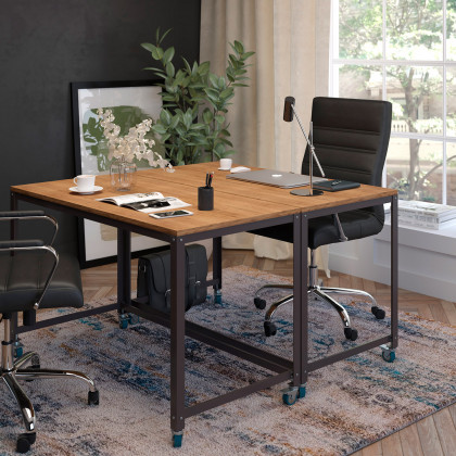 BLNK - Livingston Collection Computer Table and Desk in Brown Oak Wood Grain Finish with Metal Wheels