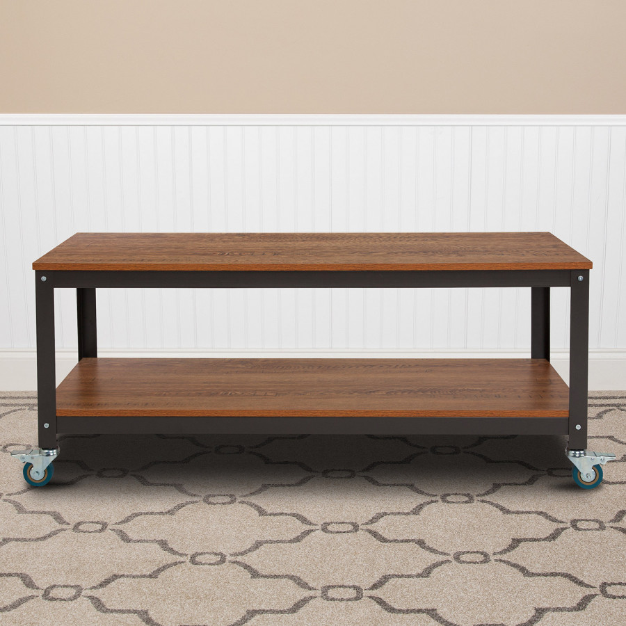 BLNK - Livingston Collection TV Stand in Brown Oak Wood Grain Finish with Metal Wheels
