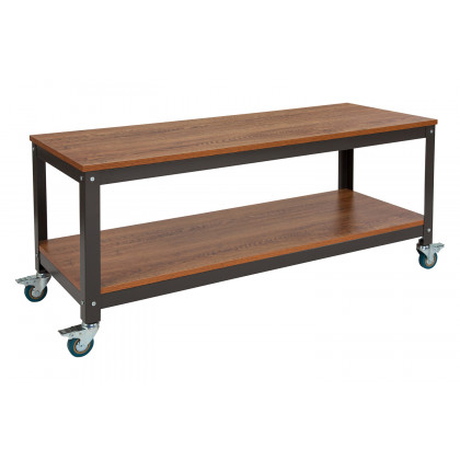 BLNK - Livingston Collection TV Stand in Brown Oak Wood Grain Finish with Metal Wheels