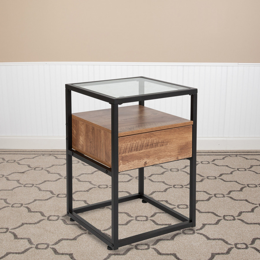 BLNK - Cumberland Collection Glass End Table with Drawer and Shelf in Rustic Wood Grain Finish