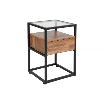 BLNK - Cumberland Collection Glass End Table with Drawer and Shelf in Rustic Wood Grain Finish