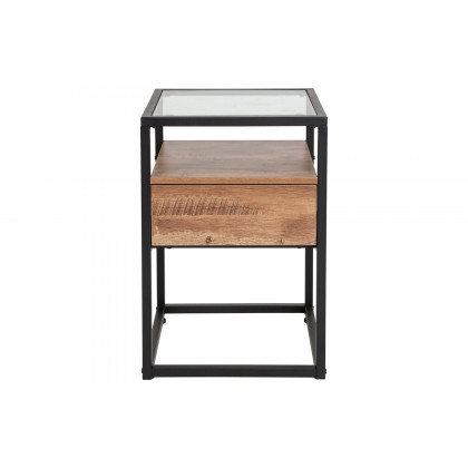 BLNK - Cumberland Collection Glass End Table with Drawer and Shelf in Rustic Wood Grain Finish
