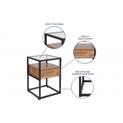 BLNK - Cumberland Collection Glass End Table with Drawer and Shelf in Rustic Wood Grain Finish