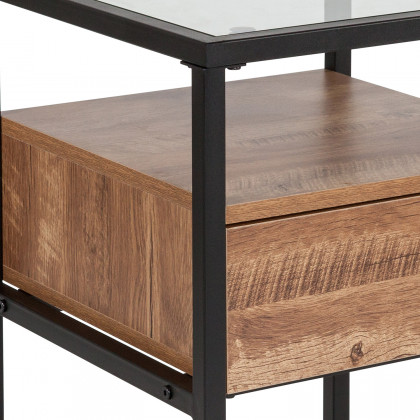 BLNK - Cumberland Collection Glass End Table with Drawer and Shelf in Rustic Wood Grain Finish