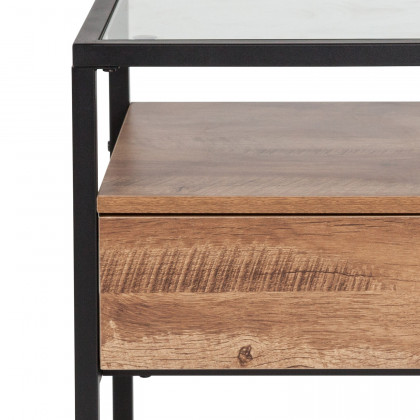 BLNK - Cumberland Collection Glass End Table with Drawer and Shelf in Rustic Wood Grain Finish