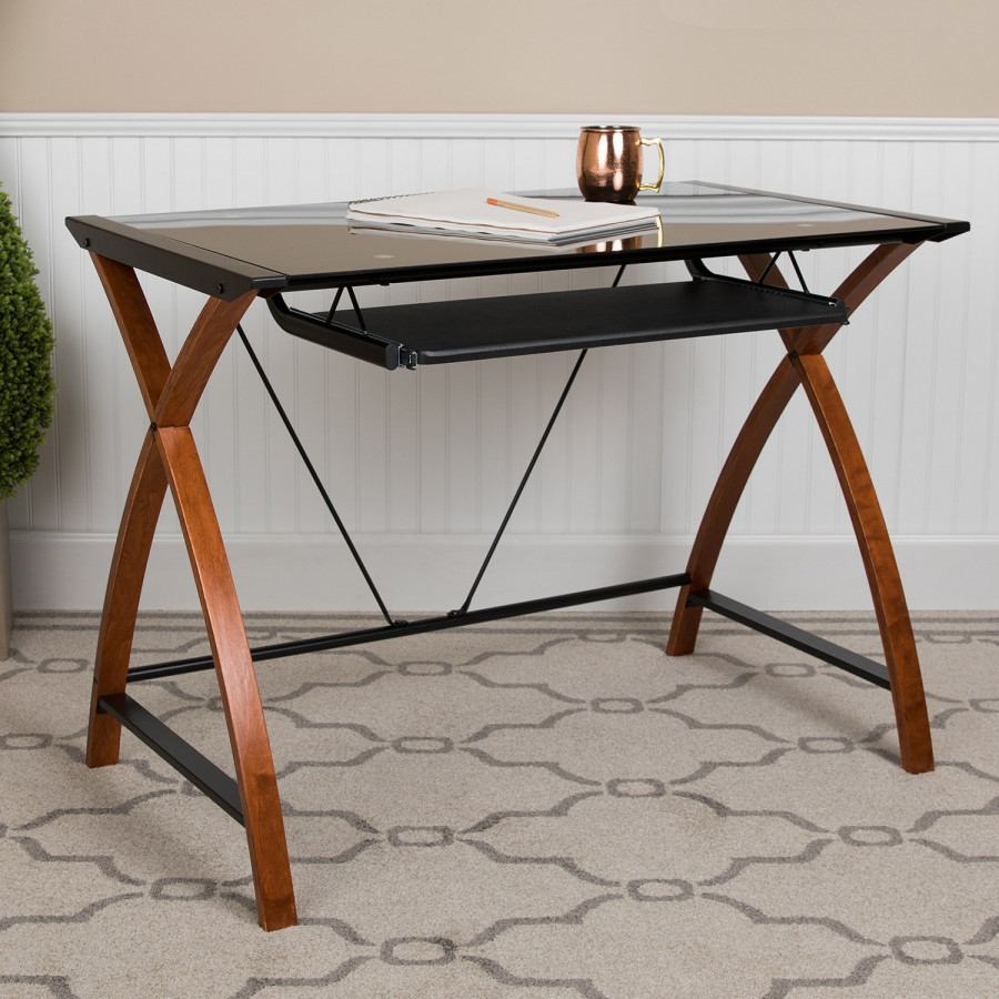 BLNK - Jude Glass Computer Desk with Pull-Out Keyboard Tray and Crisscross Frame