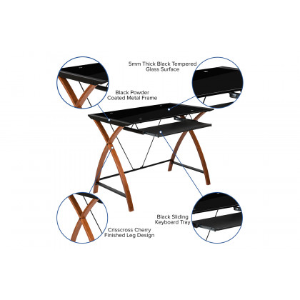 BLNK Jude Glass Computer Desk with Pull-Out Keyboard Tray and Crisscross Frame - Black/Black