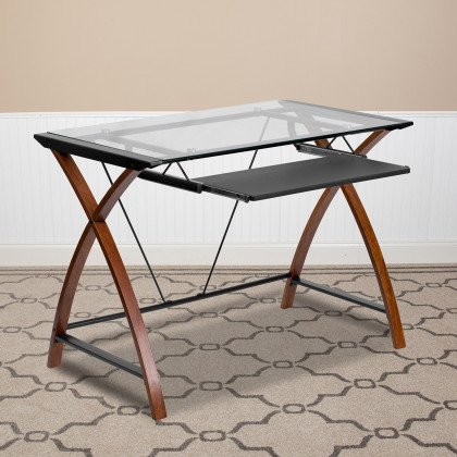 BLNK - Jude Glass Computer Desk with Pull-Out Keyboard Tray and Crisscross Frame