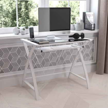 BLNK - Jude Glass Computer Desk with Pull-Out Keyboard Tray and Crisscross Frame