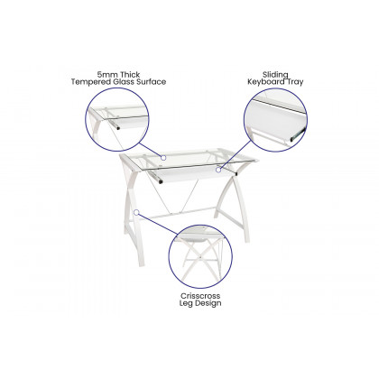 BLNK Jude Glass Computer Desk with Pull-Out Keyboard Tray and Crisscross Frame - Clear/White