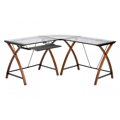 BLNK Jude Glass L-Shape Computer Desk with Pull-Out Keyboard Tray - Clear