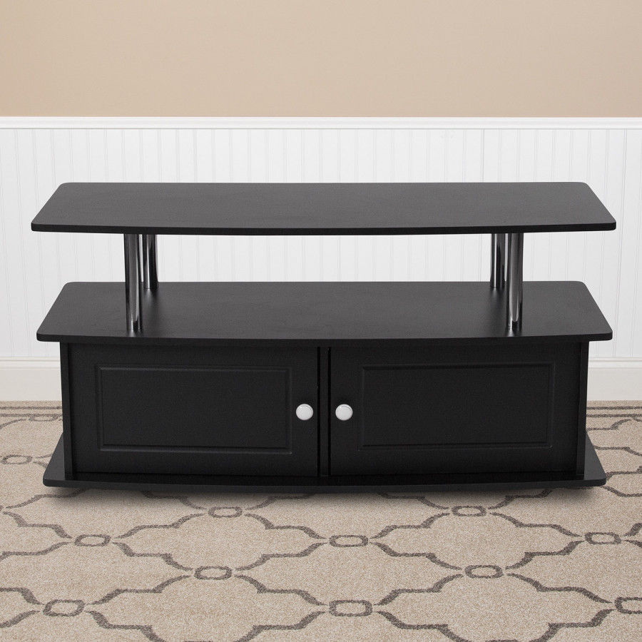 BLNK - Evanston Black TV Stand with Shelves, Cabinet and Stainless Steel Tubing