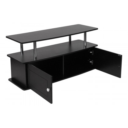 BLNK - Evanston Black TV Stand with Shelves, Cabinet and Stainless Steel Tubing