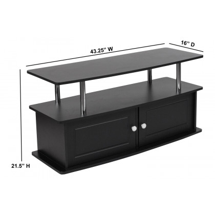 BLNK - Evanston Black TV Stand with Shelves, Cabinet and Stainless Steel Tubing