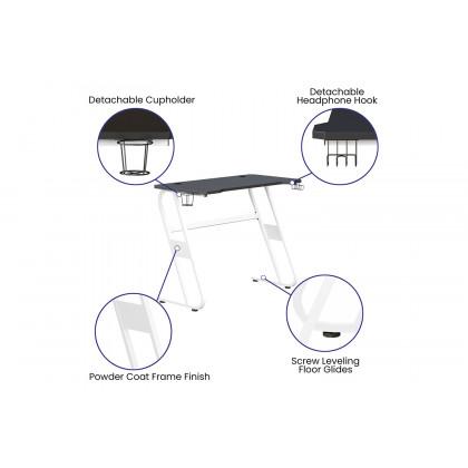 BLNK Fisher Ergonomic Desk with Cup Holder and Headphone Hook - White