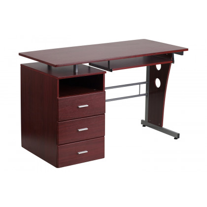 BLNK Joshua Desk with Three Drawer Pedestal and Pull-Out Keyboard Tray - Mahogany