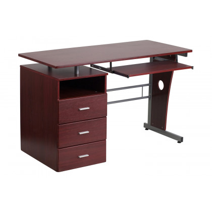 BLNK Joshua Desk with Three Drawer Pedestal and Pull-Out Keyboard Tray - Mahogany