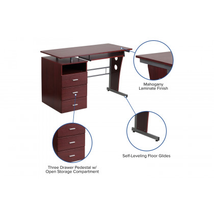 BLNK Joshua Desk with Three Drawer Pedestal and Pull-Out Keyboard Tray - Mahogany