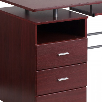 BLNK Joshua Desk with Three Drawer Pedestal and Pull-Out Keyboard Tray - Mahogany
