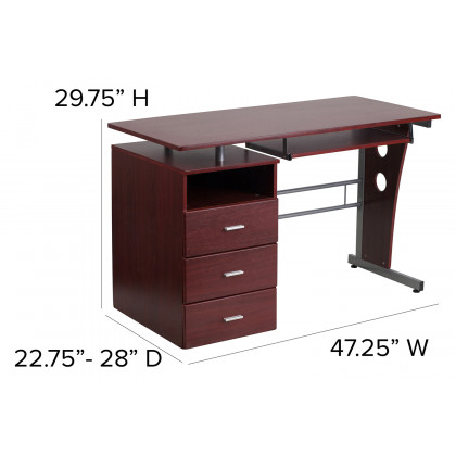BLNK Joshua Desk with Three Drawer Pedestal and Pull-Out Keyboard Tray - Mahogany