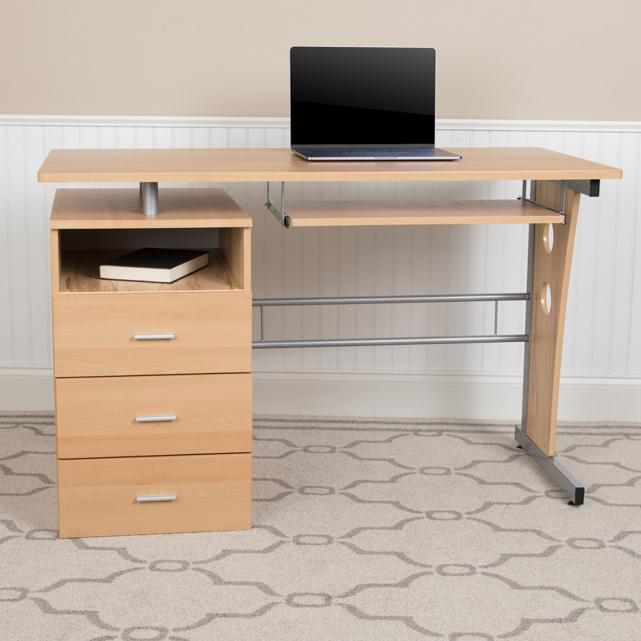 BLNK Joshua Desk with Three Drawer Pedestal and Pull-Out Keyboard Tray - Maple