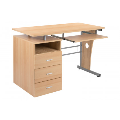 BLNK Joshua Desk with Three Drawer Pedestal and Pull-Out Keyboard Tray - Maple
