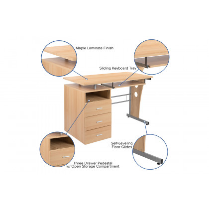 BLNK Joshua Desk with Three Drawer Pedestal and Pull-Out Keyboard Tray - Maple