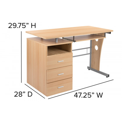 BLNK Joshua Desk with Three Drawer Pedestal and Pull-Out Keyboard Tray - Maple