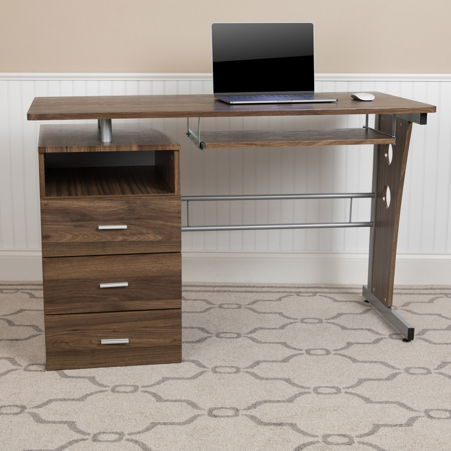 BLNK Joshua Desk with Three Drawer Pedestal and Pull-Out Keyboard Tray - Rustic Walnut