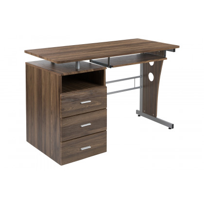 BLNK Joshua Desk with Three Drawer Pedestal and Pull-Out Keyboard Tray - Rustic Walnut