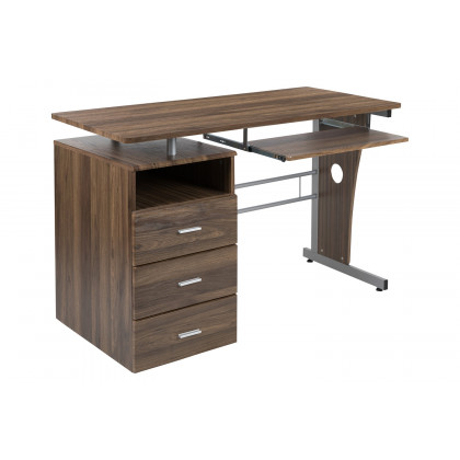 BLNK Joshua Desk with Three Drawer Pedestal and Pull-Out Keyboard Tray - Rustic Walnut