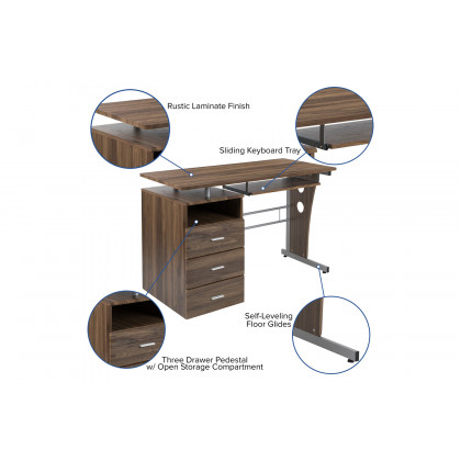 BLNK Joshua Desk with Three Drawer Pedestal and Pull-Out Keyboard Tray - Rustic Walnut