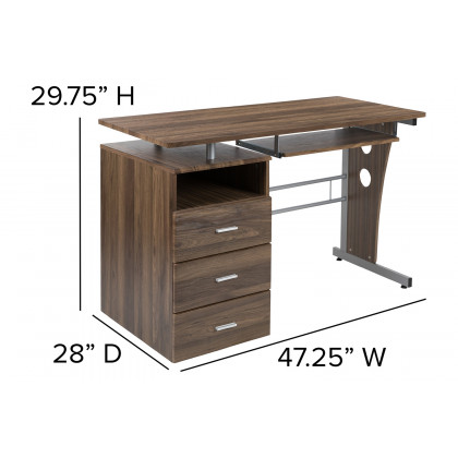 BLNK Joshua Desk with Three Drawer Pedestal and Pull-Out Keyboard Tray - Rustic Walnut