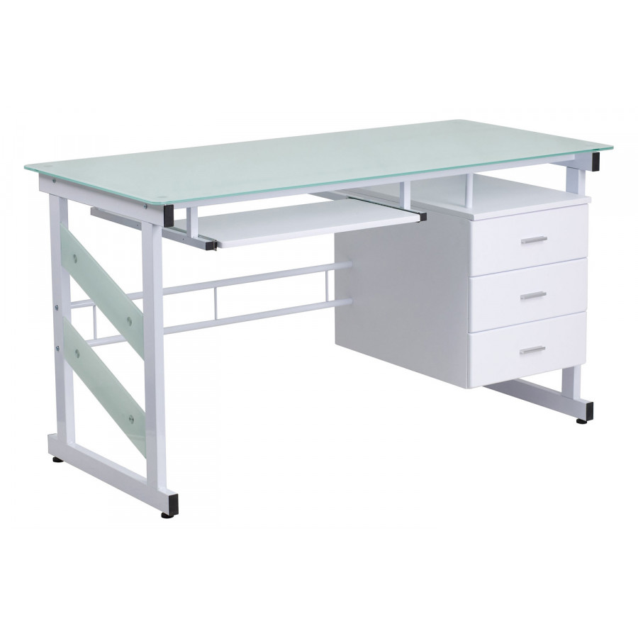 BLNK - Singleton White Computer Desk with Frosted Glass Top and Three Drawer Pedestal
