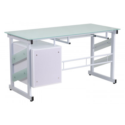 BLNK - Singleton White Computer Desk with Frosted Glass Top and Three Drawer Pedestal